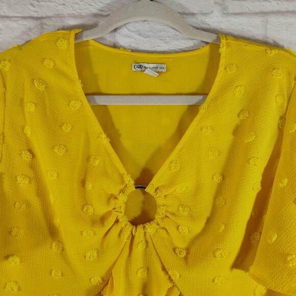 Cato Women's Yellow Swiss Dot O Ring V Neck Flutter Sleeve Flowy Blouse Top M - Picture 7 of 14